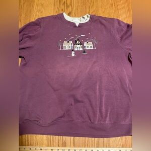 Baxter and Wells Holiday Sweatshirt Granny Mauve Snowy Pine Trees Houses 1X